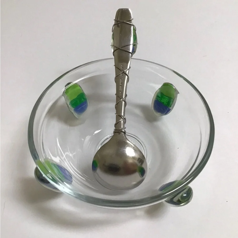 Art Glass Condiment Dish Blue Green Pebble Wire Wrapped Spoon Sea KIG Indonesia